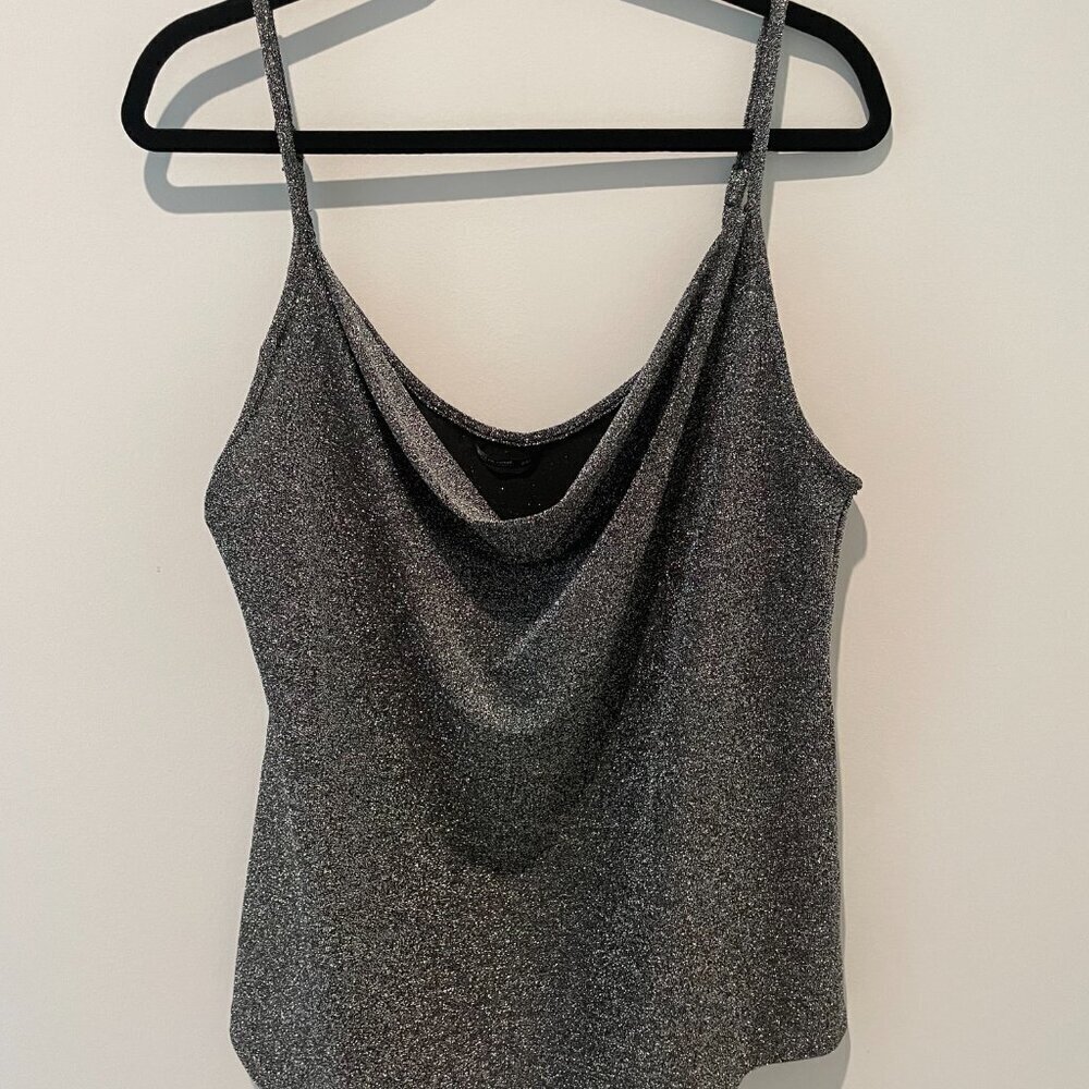 Silver Metallic Knit Cowl Neck Tank Top Camisole